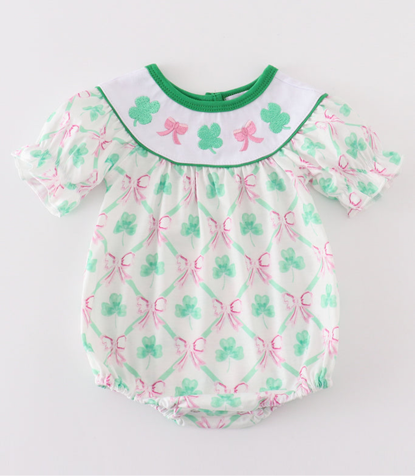 Green Clover/Bow Smocked Bubble Romper