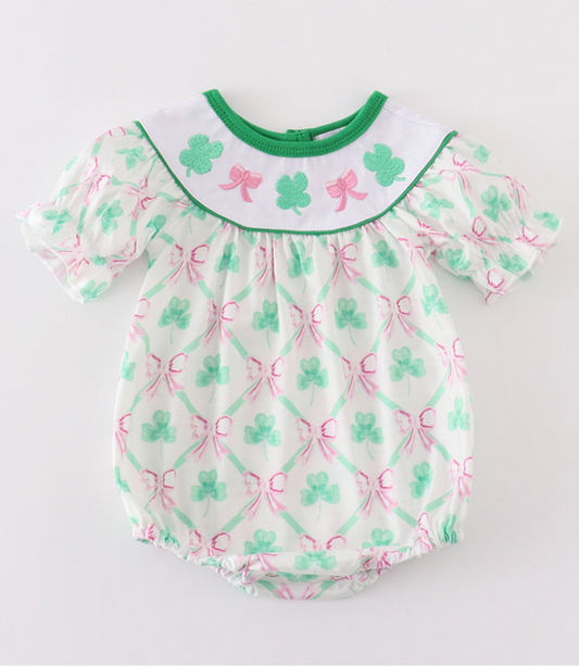 Green Clover/Bow Smocked Bubble Romper