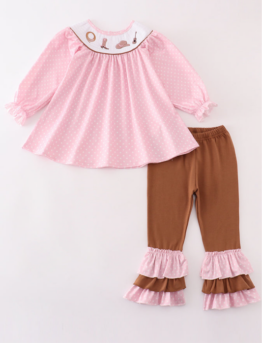 Pink Cowgirl Ruffled Smocked Set