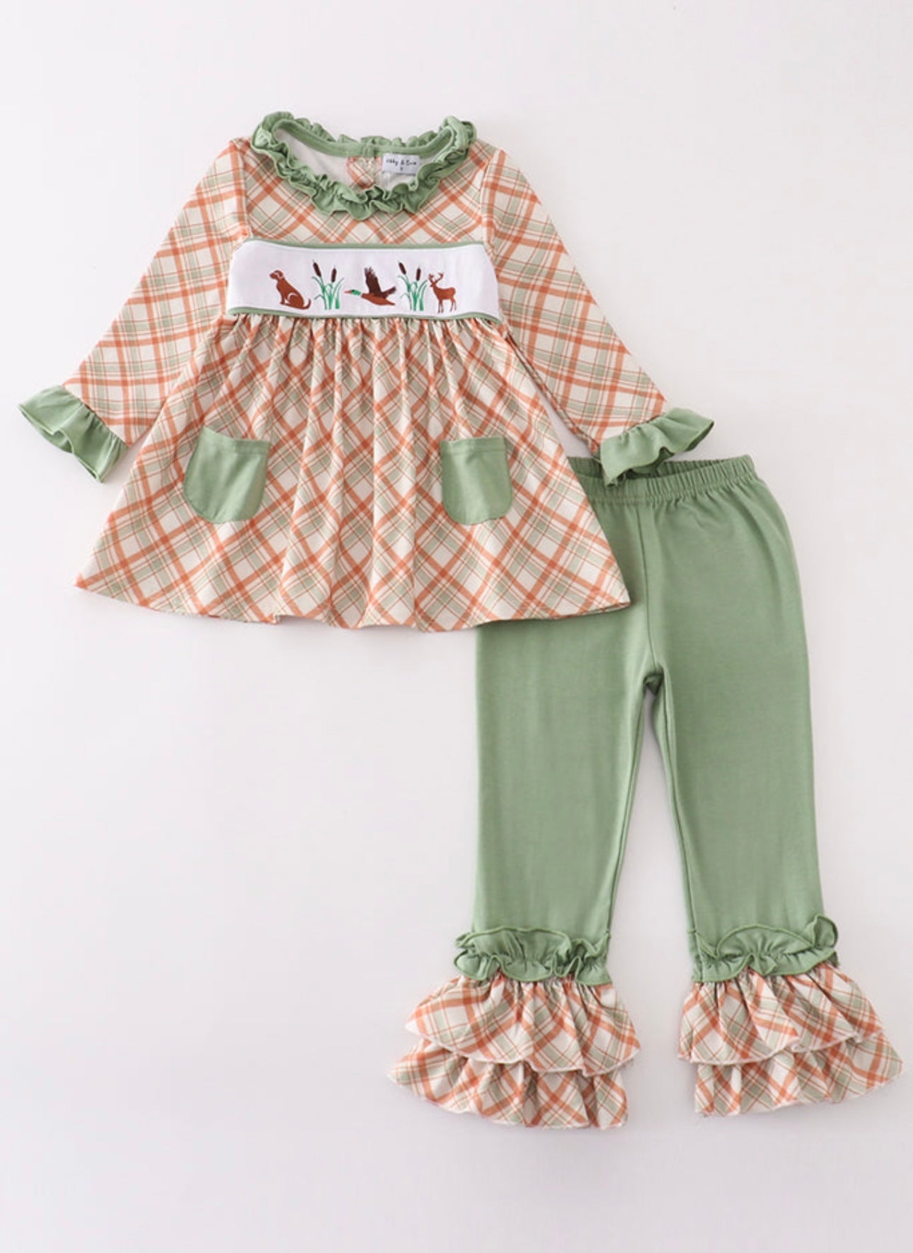 Green Hunting Girls Ruffled Smocked Set
