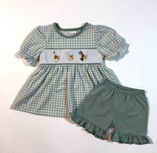 Green Plaid Bunny Smocked Set