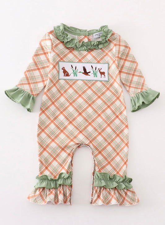 Green Girls Hunting Smocked Romper