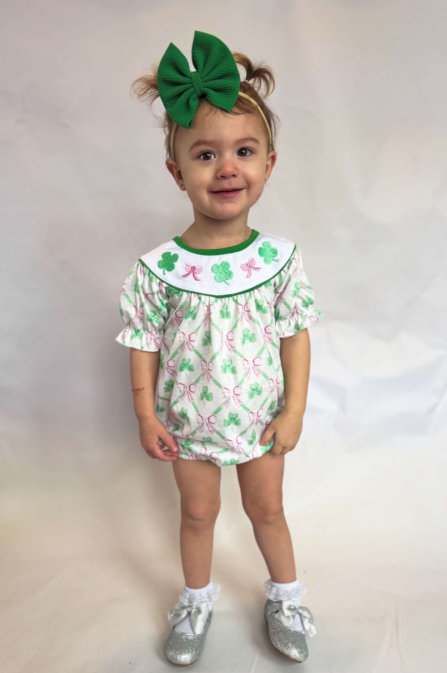 Green Clover/Bow Smocked Bubble Romper